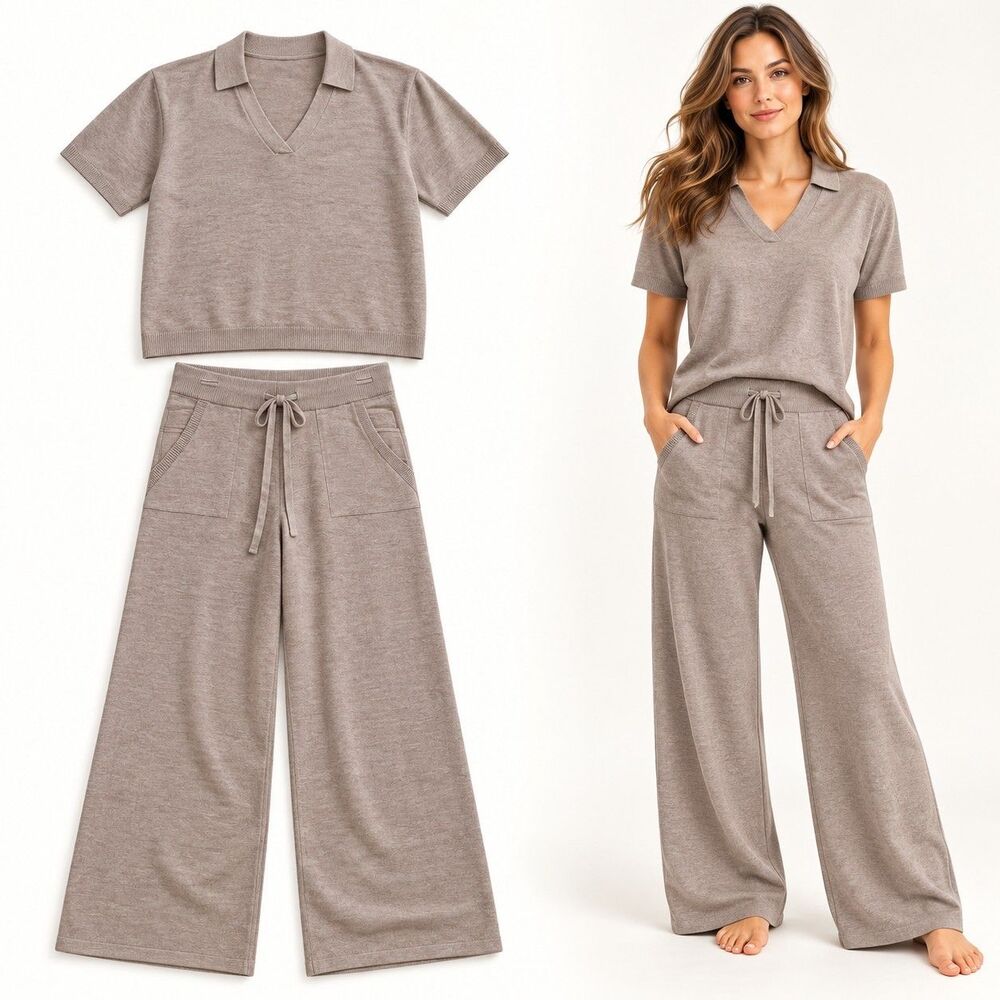 Splendid NWT 2 Piece Knit Set S Taupe Polo Top Wide Leg Pants MSRP $286